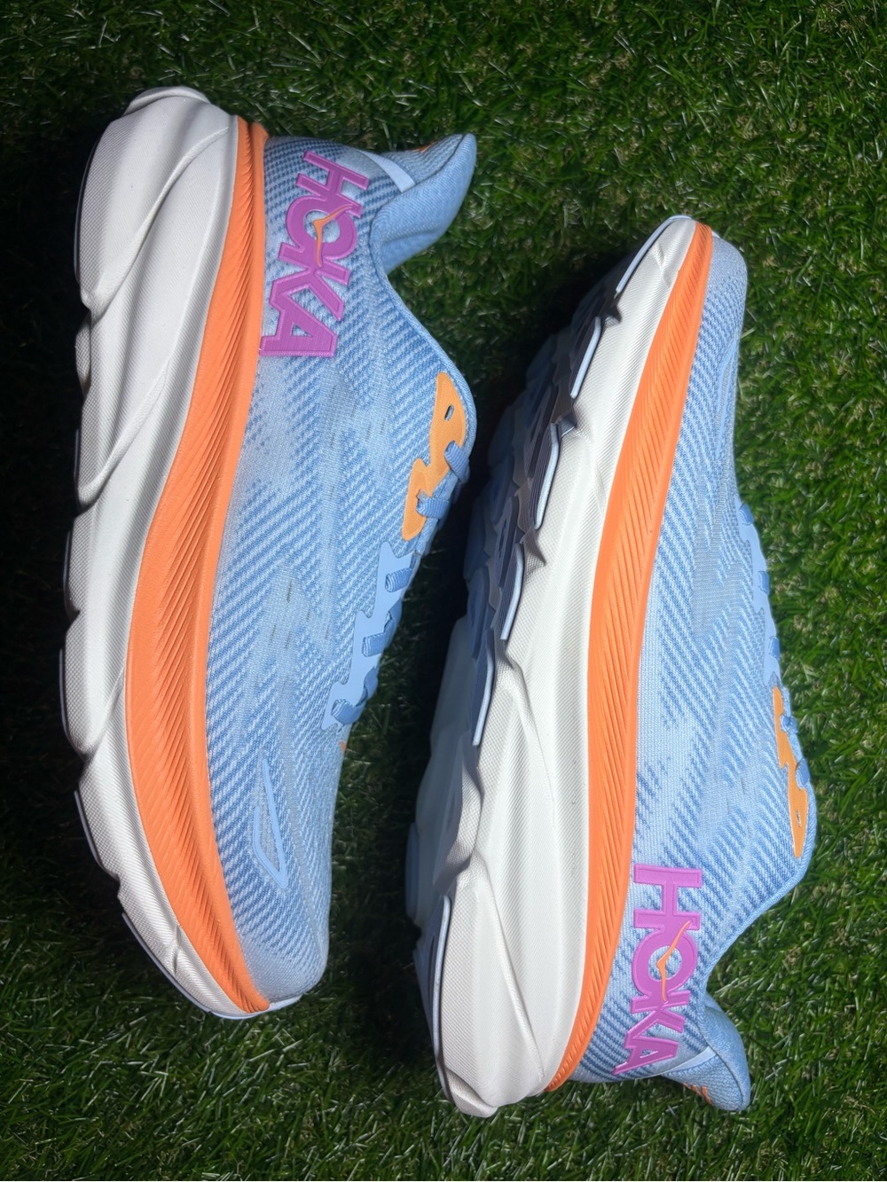 Hoka Clifton 9 Women’s Light Blue Running Shoes with Orange & Pink Accents